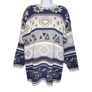 Vintage Nan Dorsey Sz L Knit Striped/ Floral Patterned Sweater(1115)